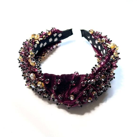 Statement Velvet Burgundy Beaded Headband w/ Gold Cameo Embellishments - Picture 5 of 5